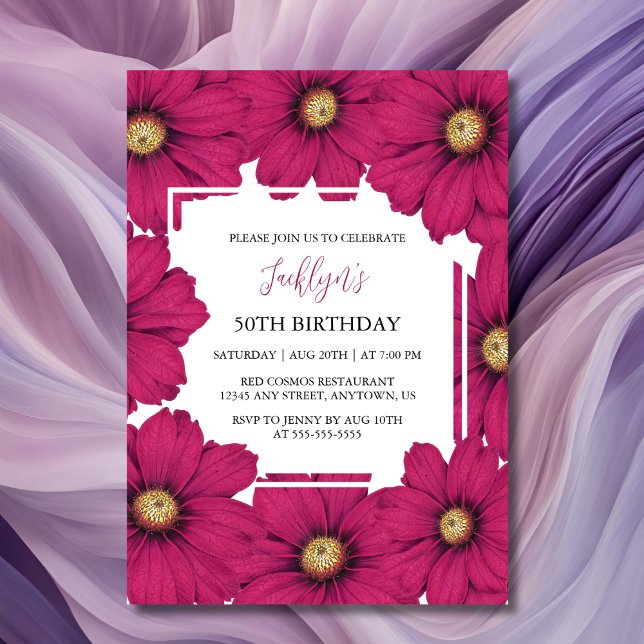 Convites Chic Magenta Cosmos Botânico Floral Aniversário (Criador carregado)