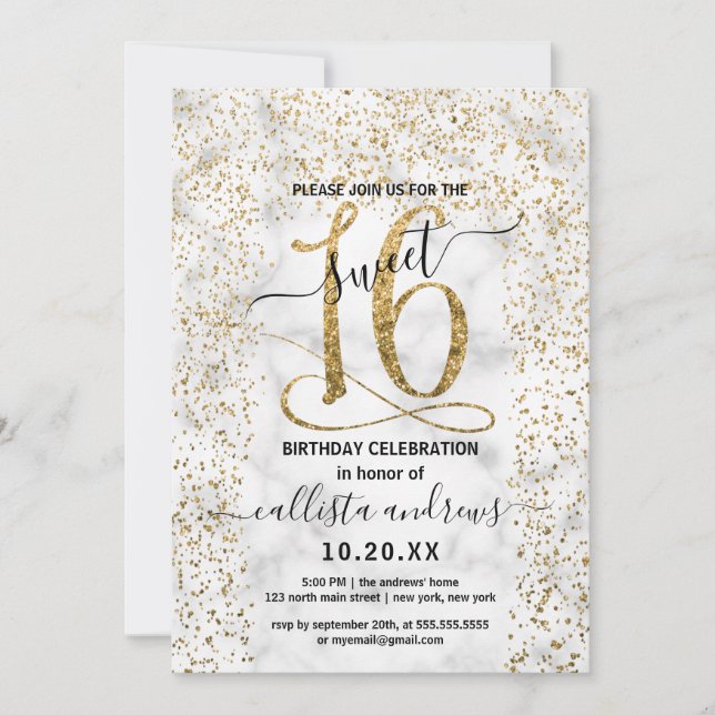 Convites Chic Marble Dourado Confetti Border Sweet 16 (Frente)