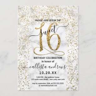 Convites Chic Marble Dourado Confetti Border Sweet 16