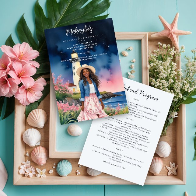 Convites Chic Marine Landscape Lighthouse Afroamerican Girl (Chic Marine Landscape Lighthouse Afro American Bride To Be Bachelorette Weekend Invitations Cards.)