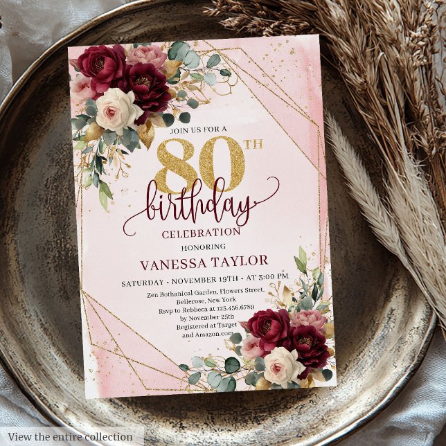 Convites Chic Maroon Blush Dourado Rosa 80 Aniversário (Chic Maroon Blush Gold Roses 80th Birthday Invitation)