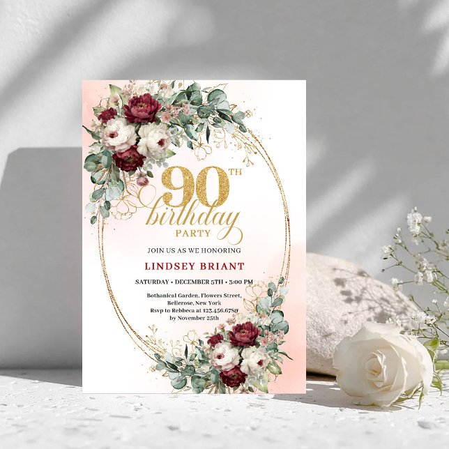 Convites Chic Maroon Peonies Greenery 90th Birthday Invite (Chic Maroon Peonies Greenery 90th Birthday Invite)