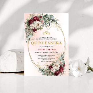 Convites Chic Maroon Peony Eucalyptus 15th Birthday Invite