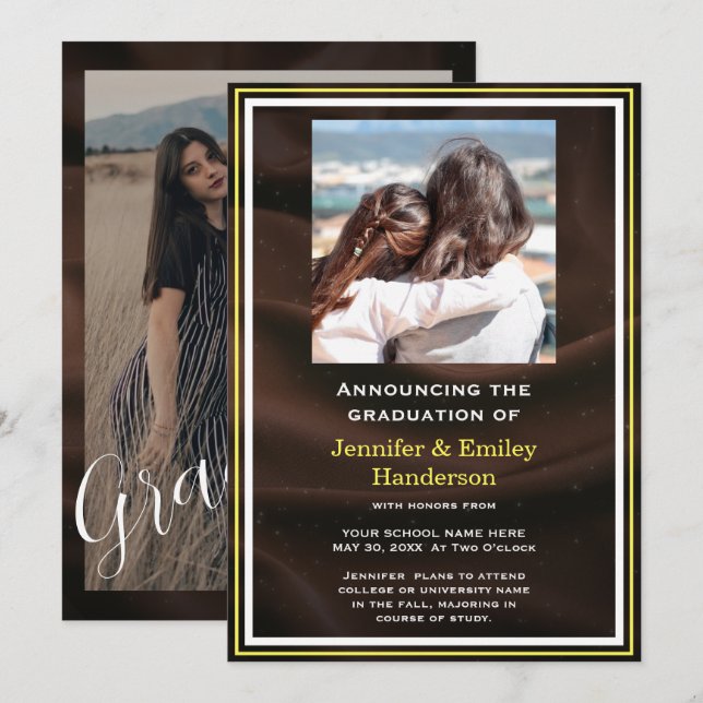 Convites Chic Marron photo double graduation Announcement (Frente/Verso)