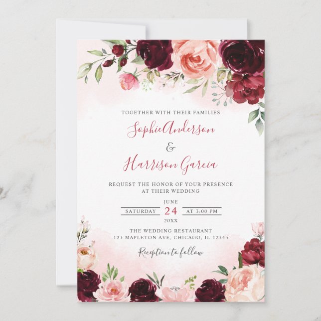 Convites Chic Marsala Blush Burgundy Casamento Floral (Frente)