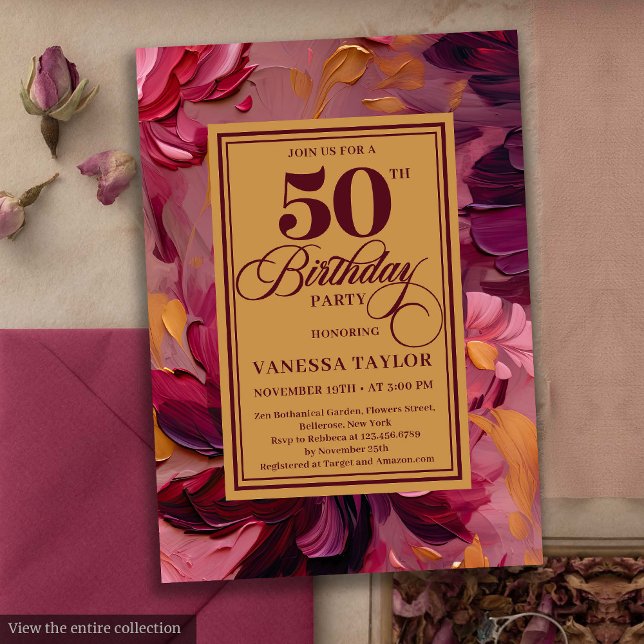 Convites Chic marsala esfrega ouro floral 50 anos (Chic marsala blush gold floral 50th birthday invitation

)