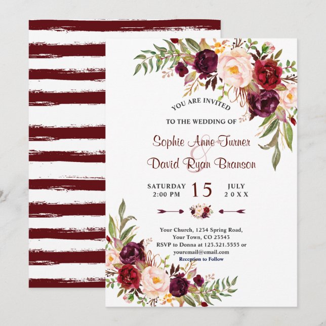 Convites Chic Marsala Floral Burgundy Stripes Casamento (Frente/Verso)
