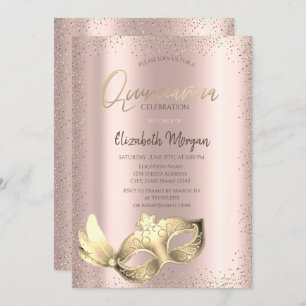 Convites Chic Masque, Confetti Rosa Dourado Quinceañera