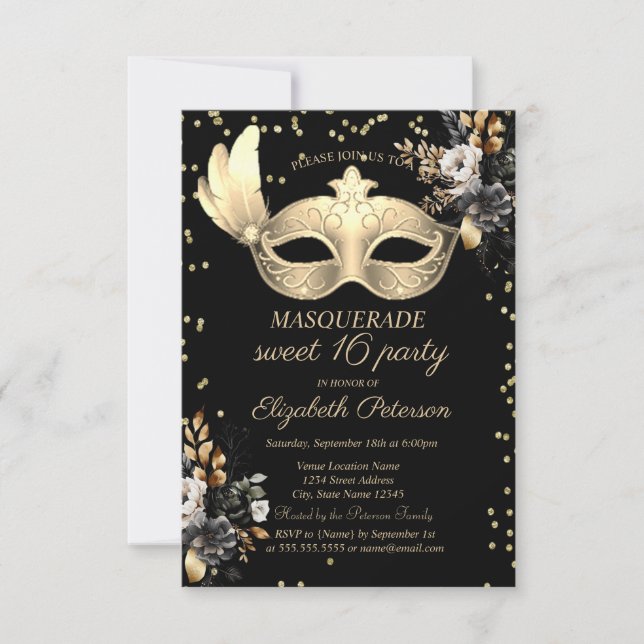 Convites Chic Masque Diamantes Negros Rosas Doces 16 (Frente)