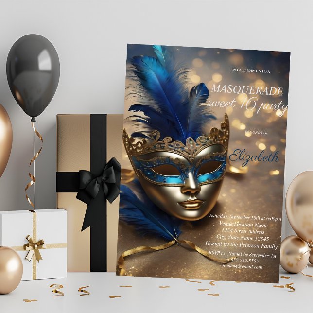 Convites Chic Masquerada Máscara Azul Bokeh Sweet 16  (Criador carregado)