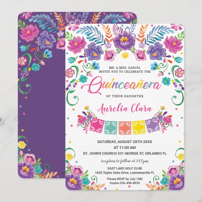 Convites Chic mexicana Floral Flowers Quinceañera 15 Anos (Frente/Verso)