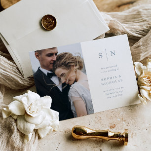 Convites Chic Minimalista Casamento Foto Azul Branco e Em