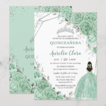 Chic Mint Green Floral Princesa Silver Quinceañera