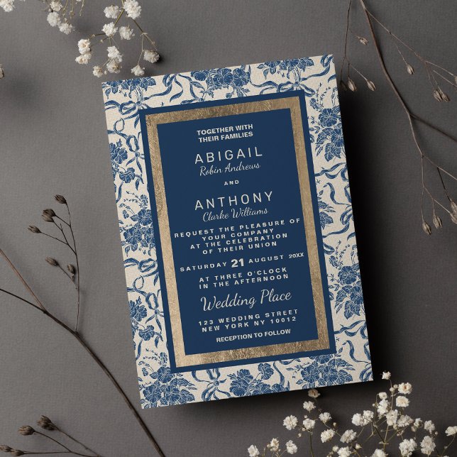 Convites Chic Modern Vintage Marinho de Marfim Casamento Fl (Chic Modern Vintage Ivory Navy Blue Floral Wedding)