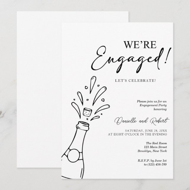 Convites Chic Modern We're Engaged Black Champagne Party (Frente/Verso)
