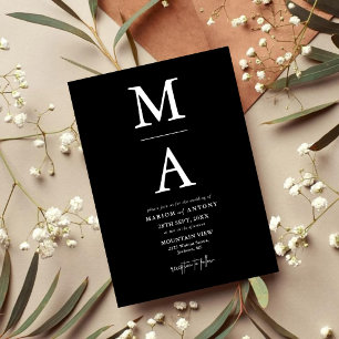 Convites Chic Moderno Monograma Inicial Casamento Preto Bra