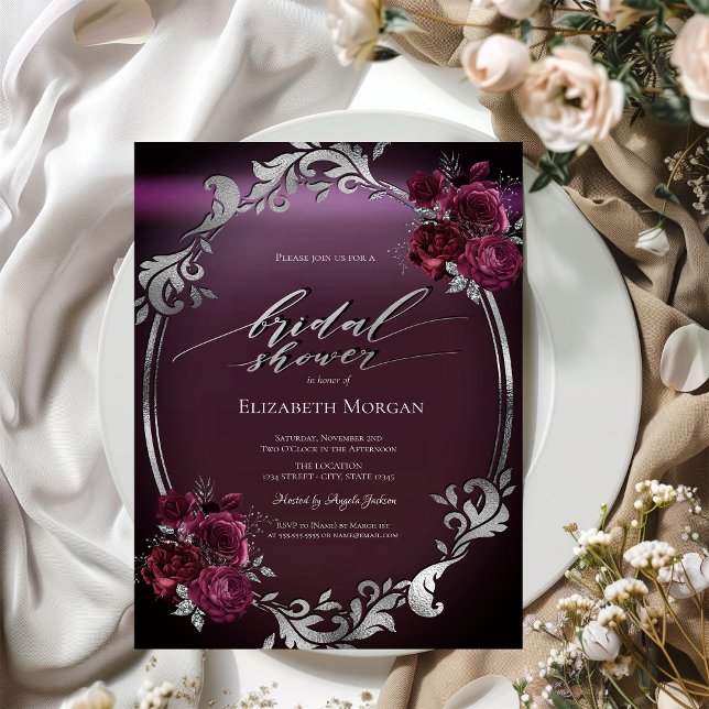 Convites Chic Moldura Prata Burgundy Rosas Chá de Bebê de N (Criador carregado)