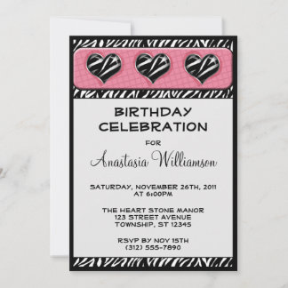 Convites Chic My Heart Zebra Print Pink Aniversário Convida