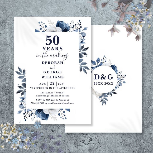 Convites Chic Navy 50º Aniversário de Casamento Monograma (Chic Navy 50th Wedding Anniversary Monogram Invitation)