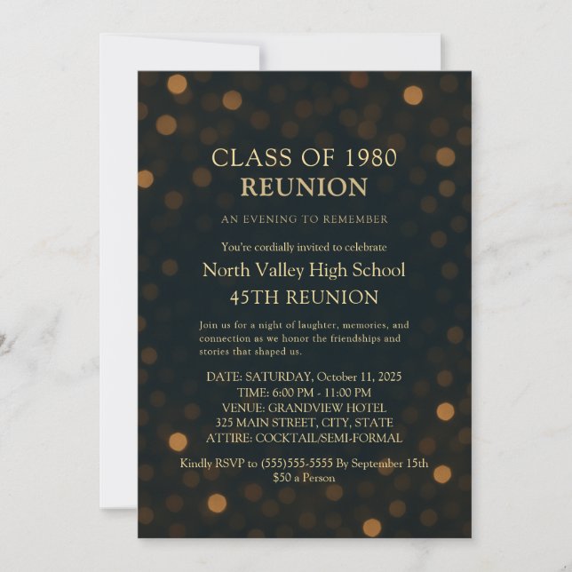 Convites Chic Navy Gold Bokeh 45th Class Reunion Invitation (Frente)