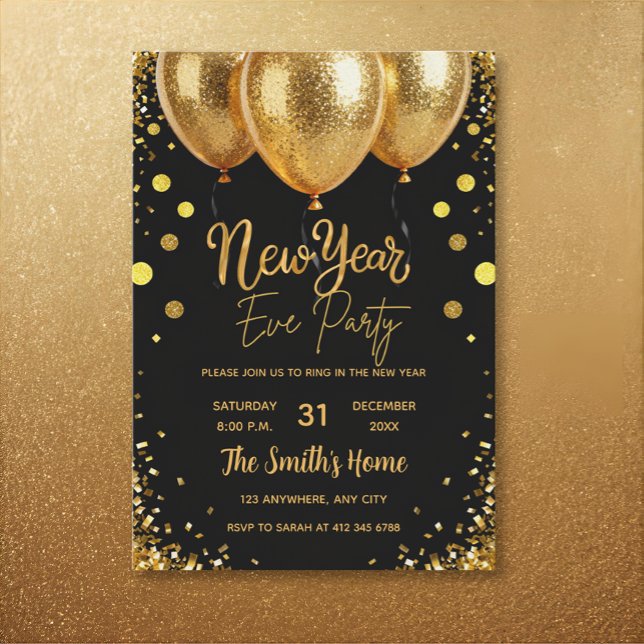 Convites Chic New Year' Eve Party Gold Glitter Black  (Criador carregado)
