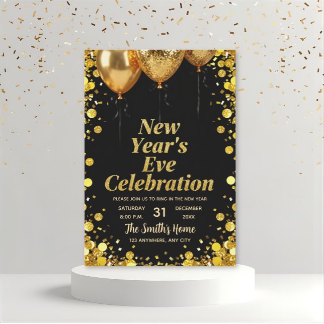 Convites Chic New Year' Eve Party Gold Glitter Black  (Criador carregado)