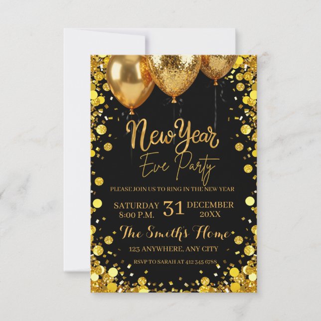 Convites Chic New Year' Eve Party Gold Glitter Black  (Frente)
