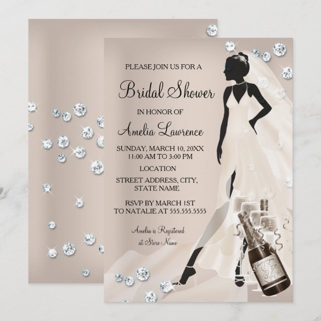 Convites Chic Noiva bege Brilho Diamante Chuveiro Nupcial (Frente/Verso)