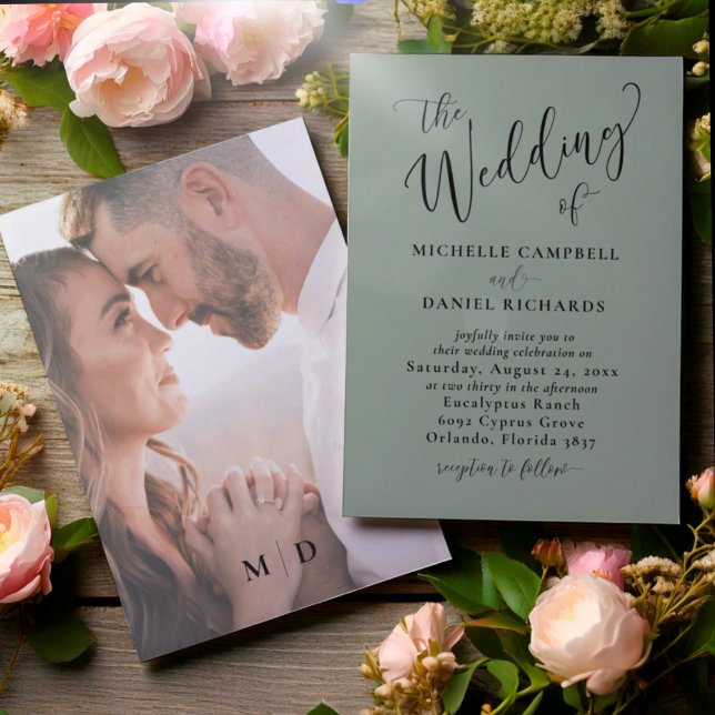 Convites Chic O Casamento da Caligrafia Noiva Verde Sage Ca (Criador carregado)