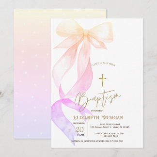 Convites Chic Ombre Bow Gold Cross Baptism