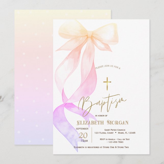 Convites Chic Ombre Bow Gold Cross Baptism (Frente/Verso)