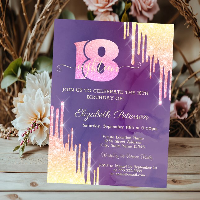 Convites Chic Ombre Brilho Gotas Violeta 18º Aniversário (Criador carregado)