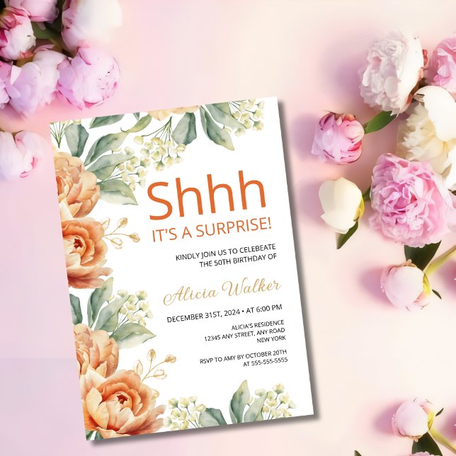 Convites Chic Orange Peony Dourada Leaf Surprise Birday (Criador carregado)