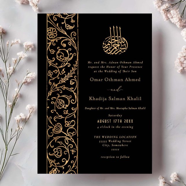 Convites Chic Ornate Floral Gold & Black Islamic Wedding (Criador carregado)