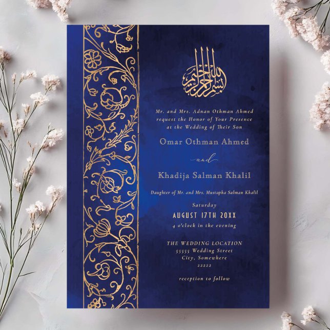 Convites Chic Ornate Floral Gold & Blue Islamic Wedding (Criador carregado)