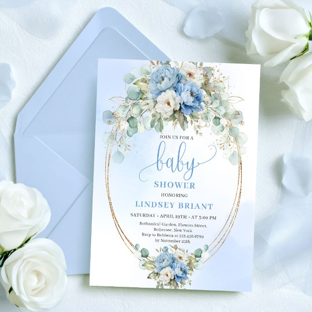 Convites Chic Pastel Blue Peony Eucalyptus Gold Baby Shower (Chic Pastel Blue Peony Eucalyptus Baby Shower Invitation)