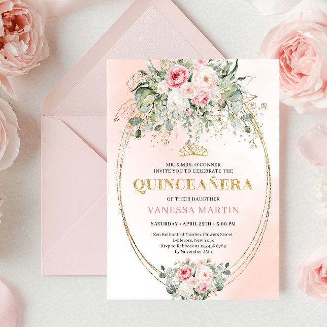 Convites Chic Pastel Pink Boho Floral Quinceañera Invites (Chic Pastel Pink Boho Floral Quinceañera Invitation)