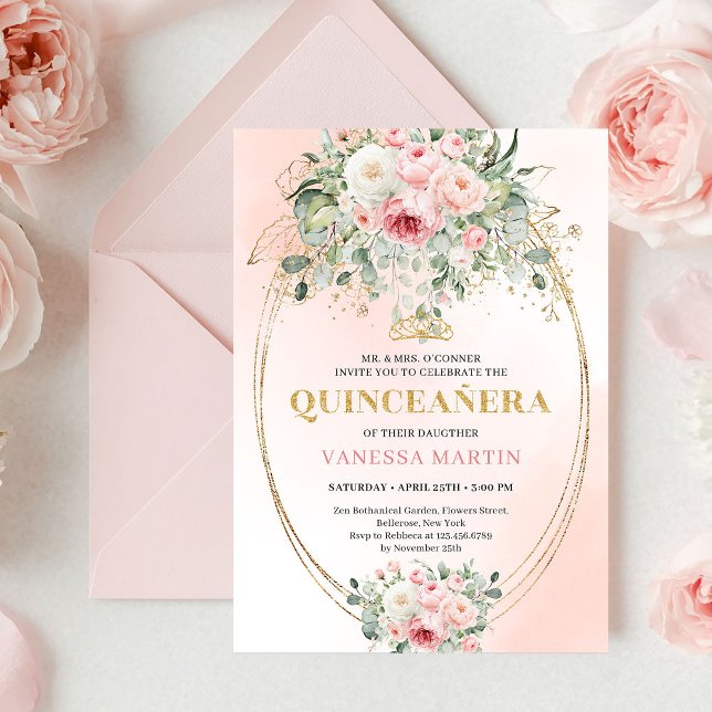 Convites Chic Pastel Pink Eucalyptus Quinceañera Invite (Chic Pastel Pink Eucalyptus Quinceañera Invite

)