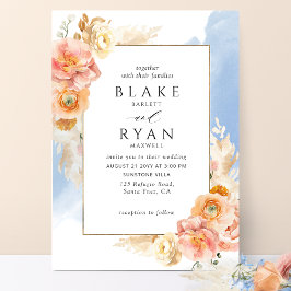 Convites Chic Peach Blush Floral, Blue Watercolor Casamento