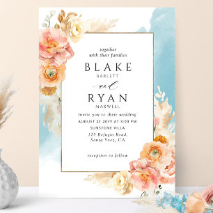 Convites Chic Peach Blush Floral, Casamento Aqua Watercolor