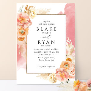 Convites Chic Peach Blush Floral, Coral Watercolor Casament