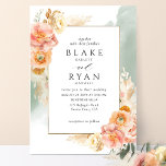 Convites Chic Peach Blush Floral, Sage Watercolor Casamento<br><div class="desc">Aprecie seu convidado com este elegante e único convite para casamento com elementos florais de cor aquosa refinados em uma bela mistura de pêssego, laranja, rosa pincelado, coral empoeirado e matizes de champanhe de creme mostrando seus detalhes de casamento e delicada mancha aquática em cascata em verde-sábio. Capacidade de mudar...</div>