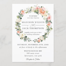 Convites Chic Peach Blush Ivory White Floral Wreath Casamen