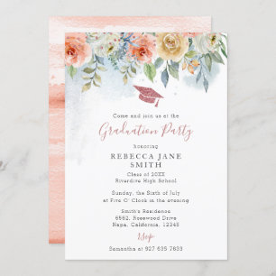 Convites Chic Peach Flowers Rosa de Graduação do Chapéu Dou