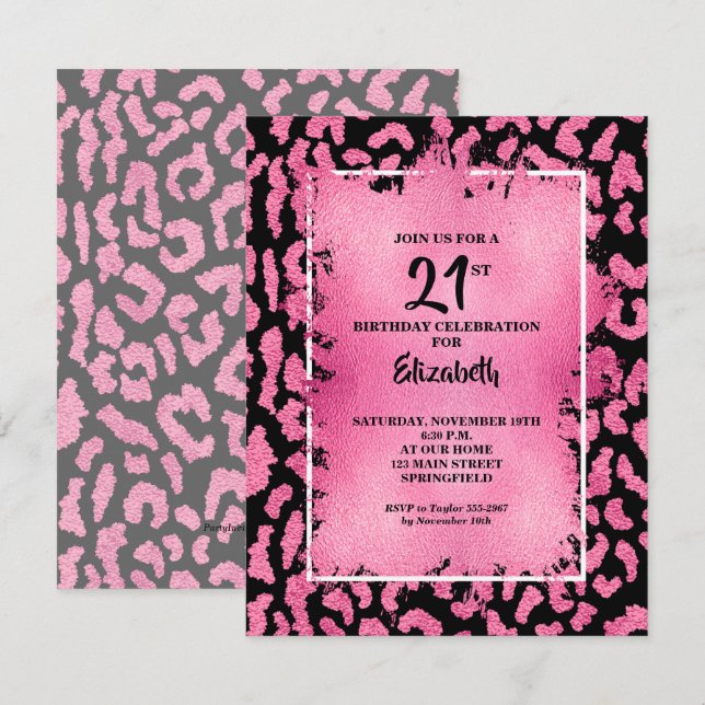 Convites Chic Pink and Black Leopard Print Birthday (Frente/Verso)