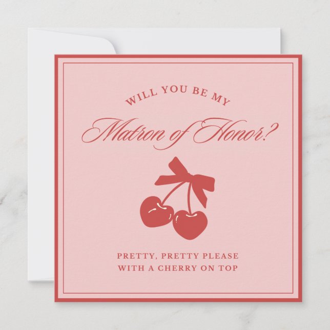 Convites Chic Pink Bow Cherry Matron of Honor Proposal Card (Frente)