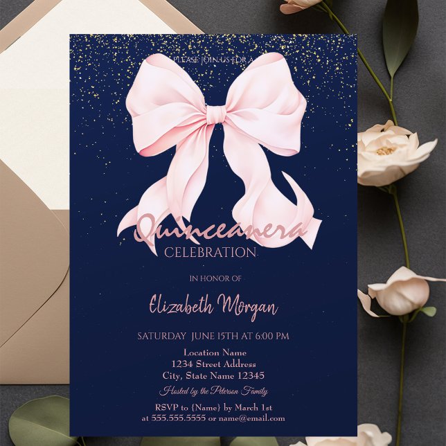 Convites Chic Pink Bow Confetti Navy Blue Quinceañera   (Criador carregado)