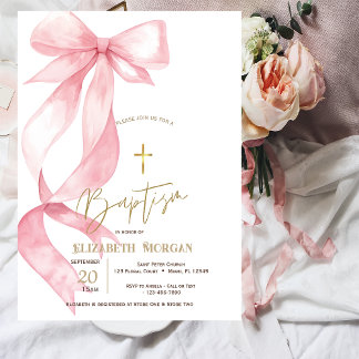 Convites Chic Pink Bow Gold Cross Baptism