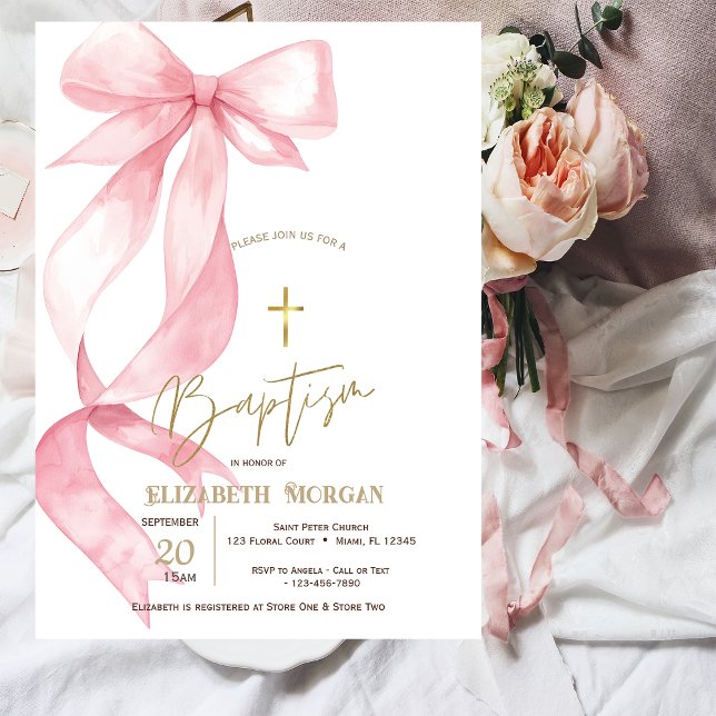Convites Chic Pink Bow Gold Cross Baptism (Criador carregado)