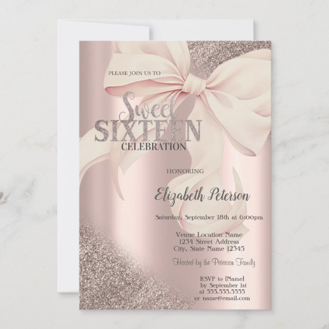 Convites Chic Pink Bow Rose Gold Sweet 16  (Frente)